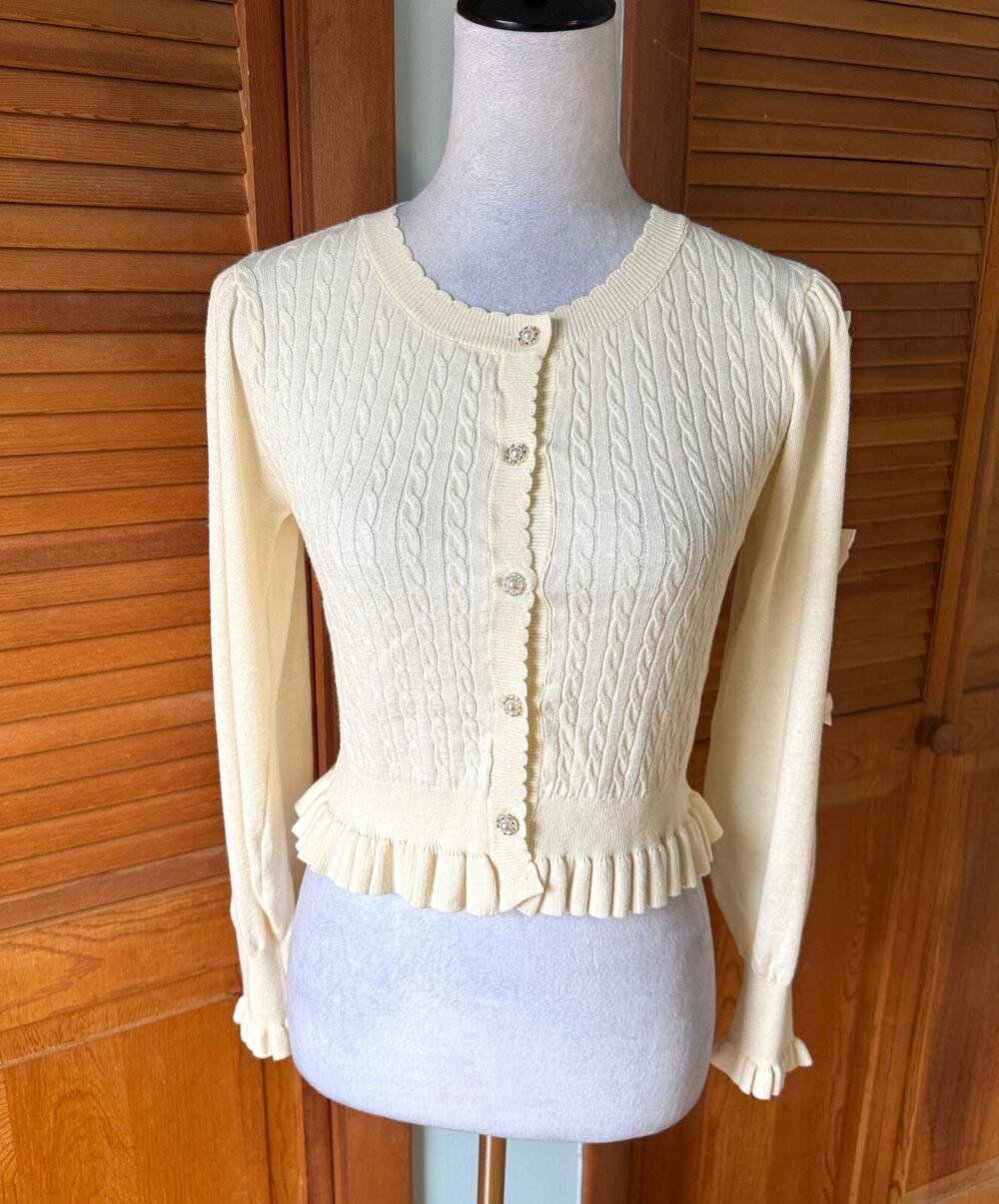 Axes Femme Jfashion Kawaii Cottage Ivory Textured Bow Sleeve Cropped Sweater M